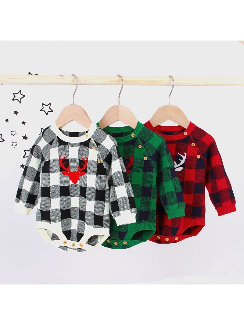 Christmas Deer Color Blocking Baby Knit crochet plaid Onesie - dianjiang-