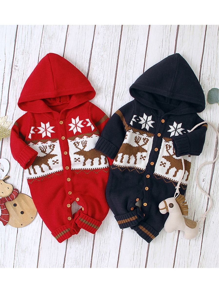 Baby Christmas Reindeer Snowflake Crochet Hooded Overalls - dianjiang-