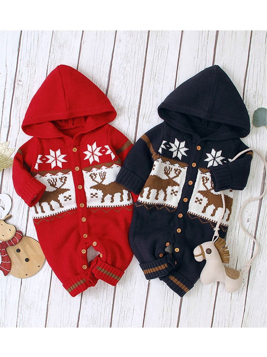 Baby Christmas Reindeer Snowflake Crochet Hooded Overalls - dianjiang-