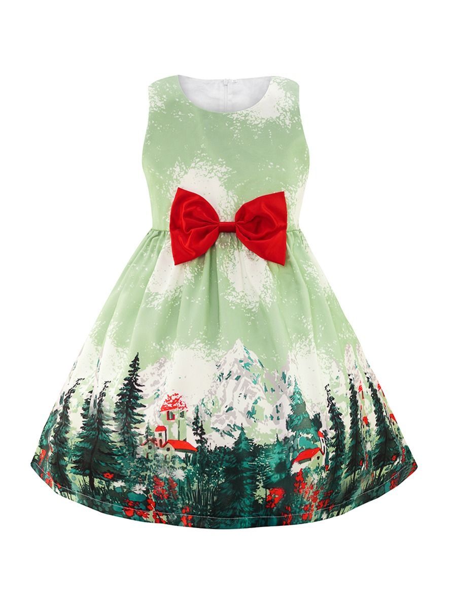 Big Girl Christmas Theme Big Bow Sleeveless Dress - dianjiang-
