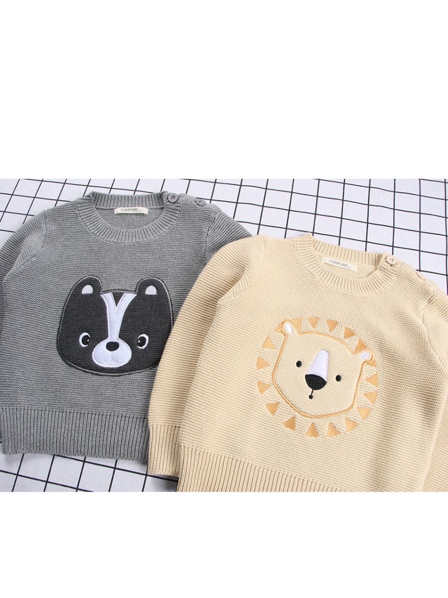 Winter Cute Sweater Bear Lion Embroidery Pattern Jumper Classic Crew Neck Knitwear - dianjiang-