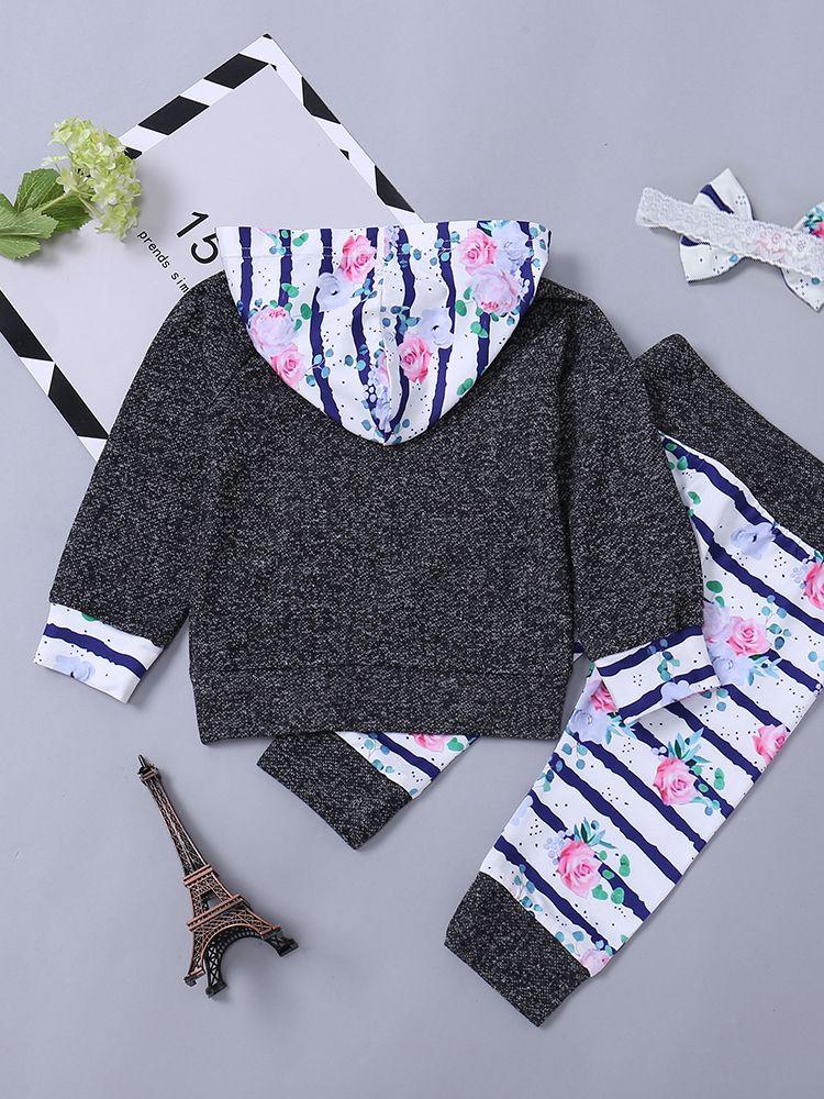 Hooded Floral Long Sleeve Shirt Top and Drawstring Long Pants Outfit Set - dianjiang-