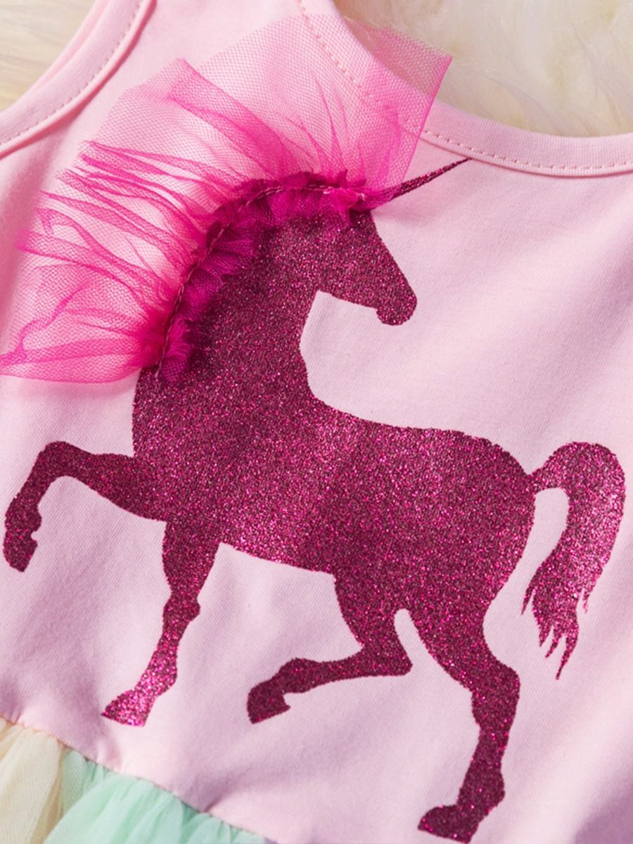 Unicorn Sleeveless Party Wear Color-blocking Mesh Party Girl Dress - dianjiang-
