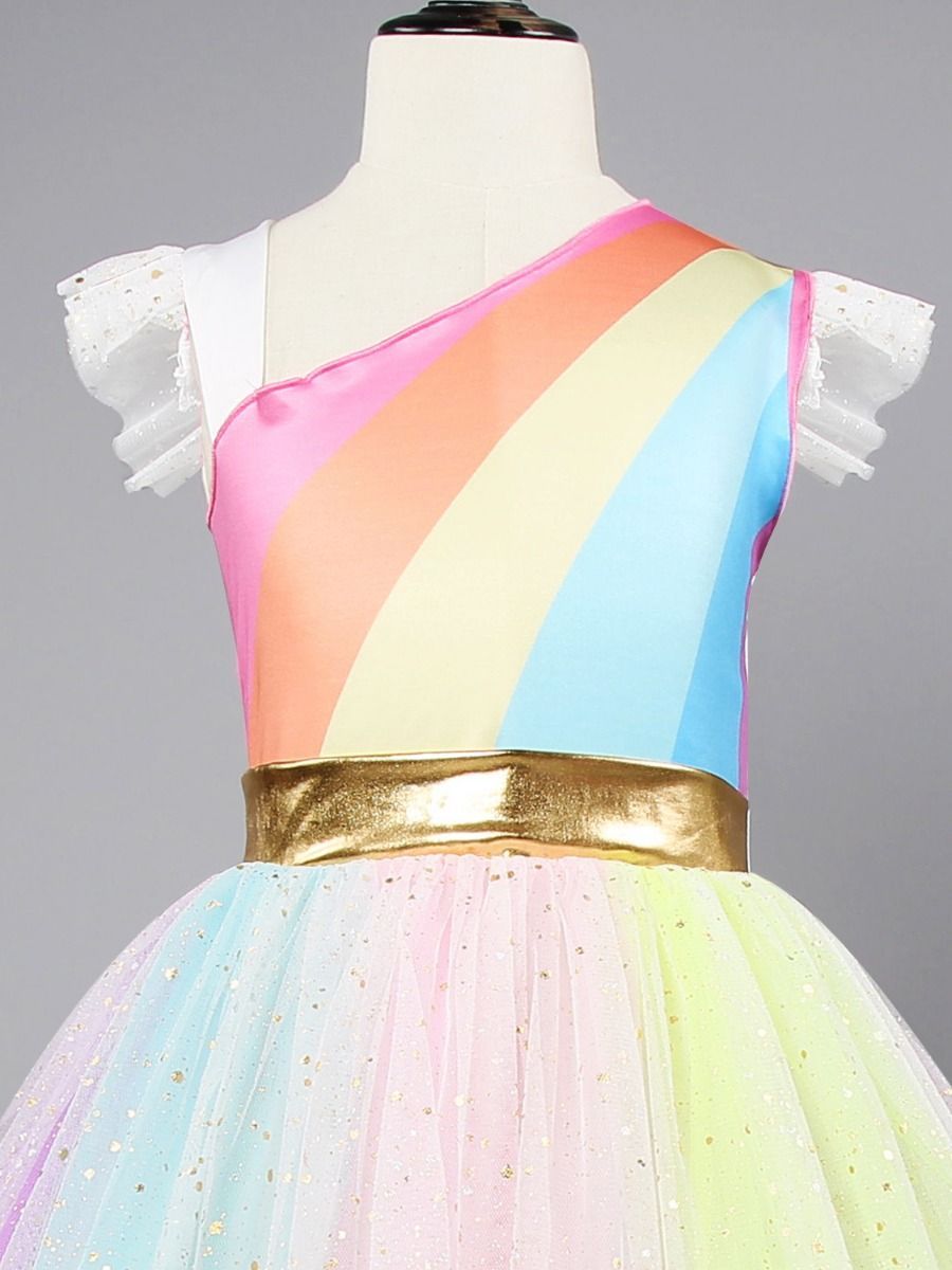 Stylish Flutter Sleeve Colorful Mesh Princess Dress Summer Fit and Flare Color-blocking Party Dress - dianjiang-