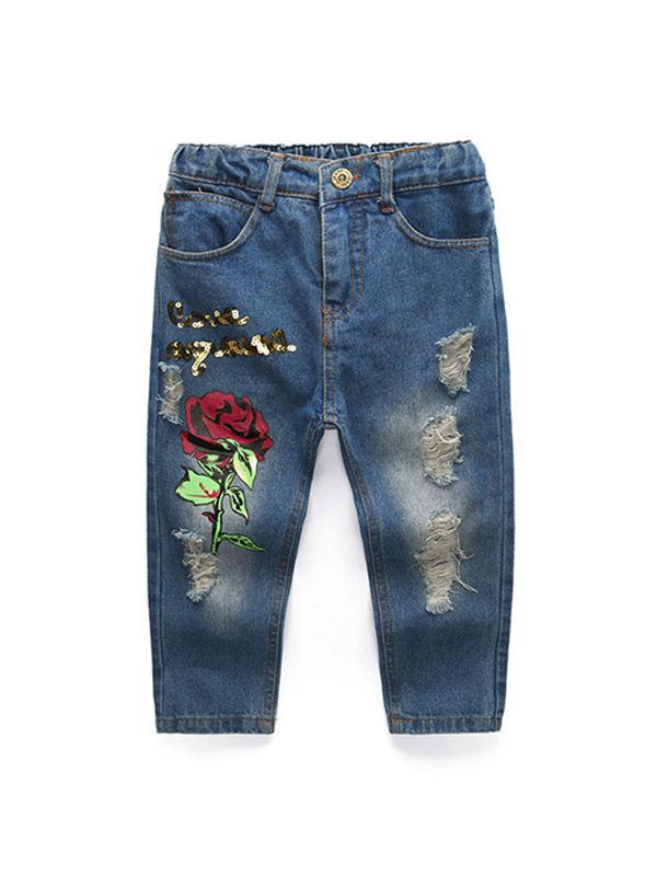 Red Roses Sweater Ripped-Style Jeans Set Long sleeve Top + Cool Trousers - dianjiang-