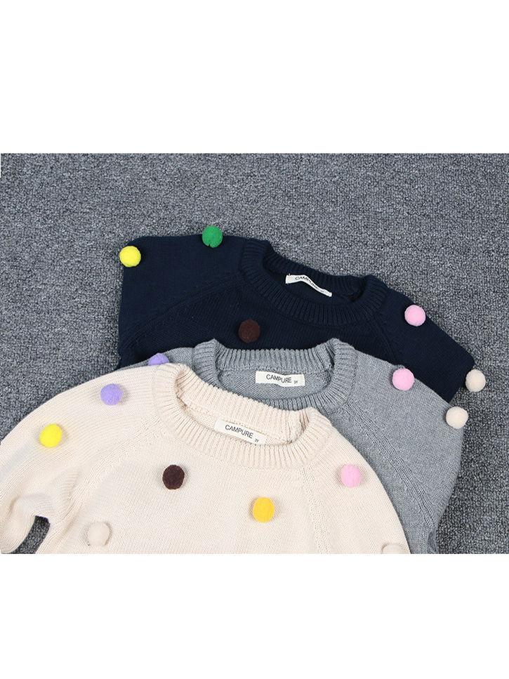 Cute Colorful Jumper Ball Trimmed Knitted Cotton Sweater Children Winter Clothes - dianjiang-