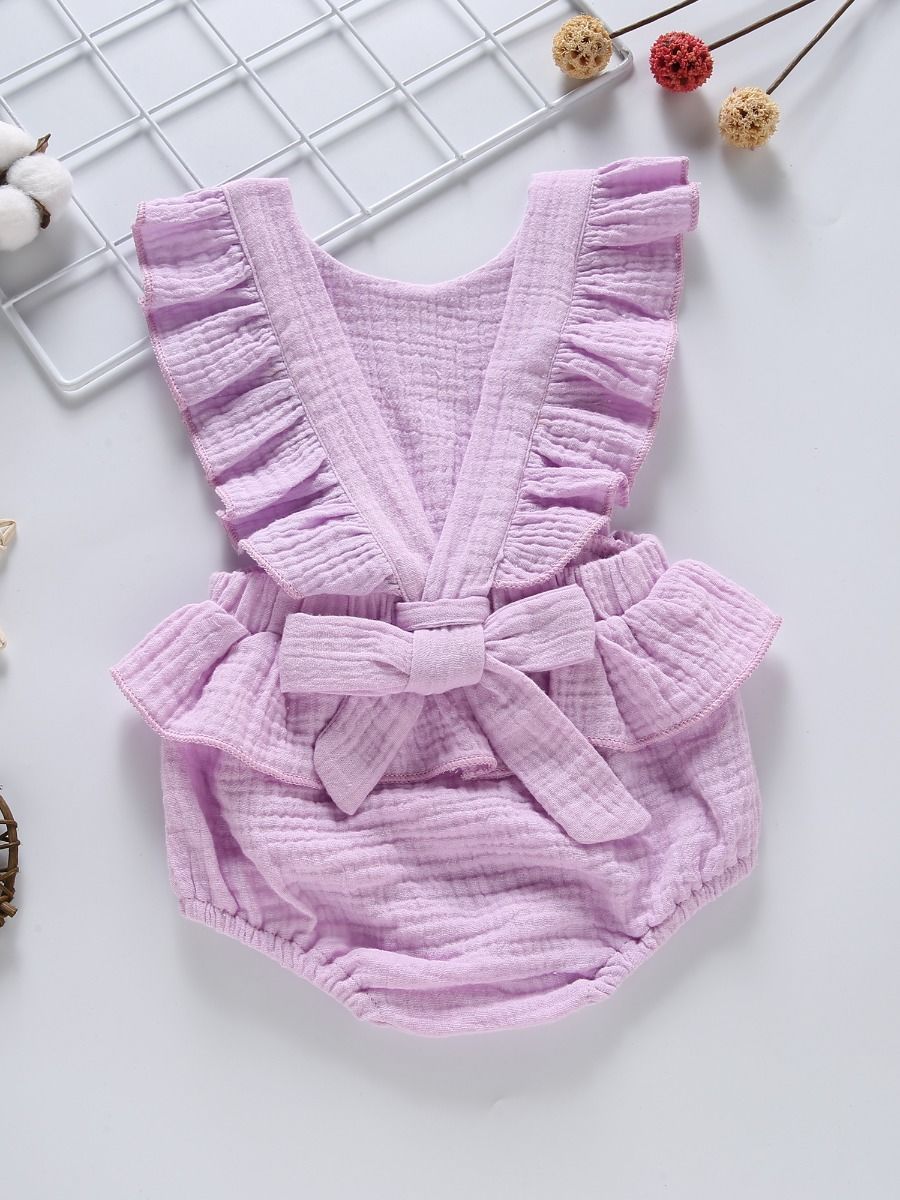 Crinkle Gauze Backless Ruffle Solid Color Bodysuit - dianjiang-