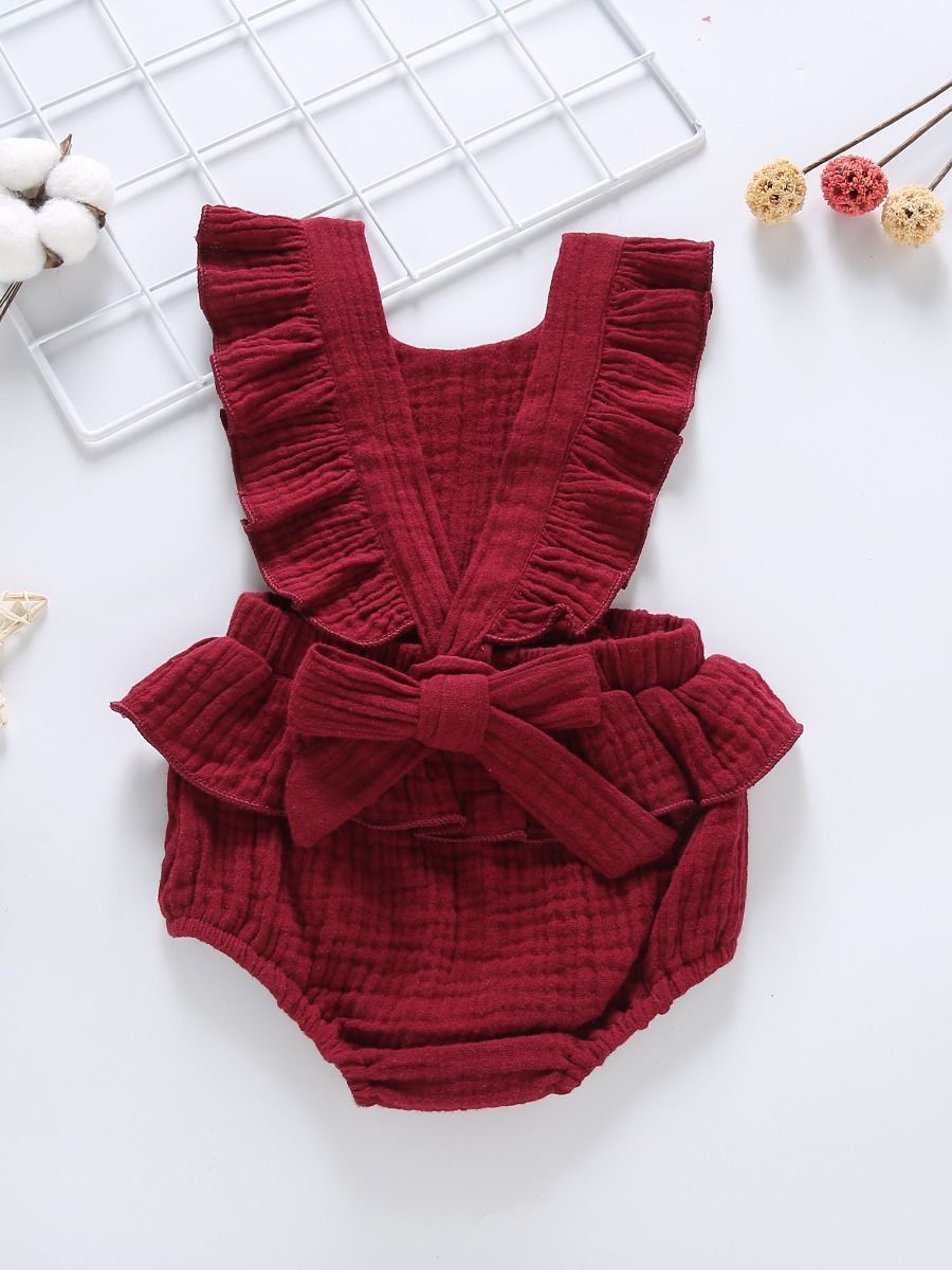 Crinkle Gauze Backless Ruffle Solid Color Bodysuit - dianjiang-