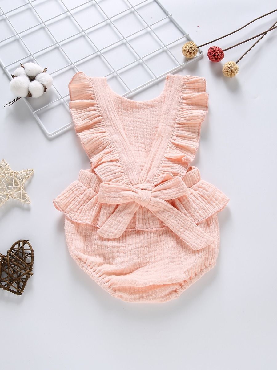 Crinkle Gauze Backless Ruffle Solid Color Bodysuit - dianjiang-