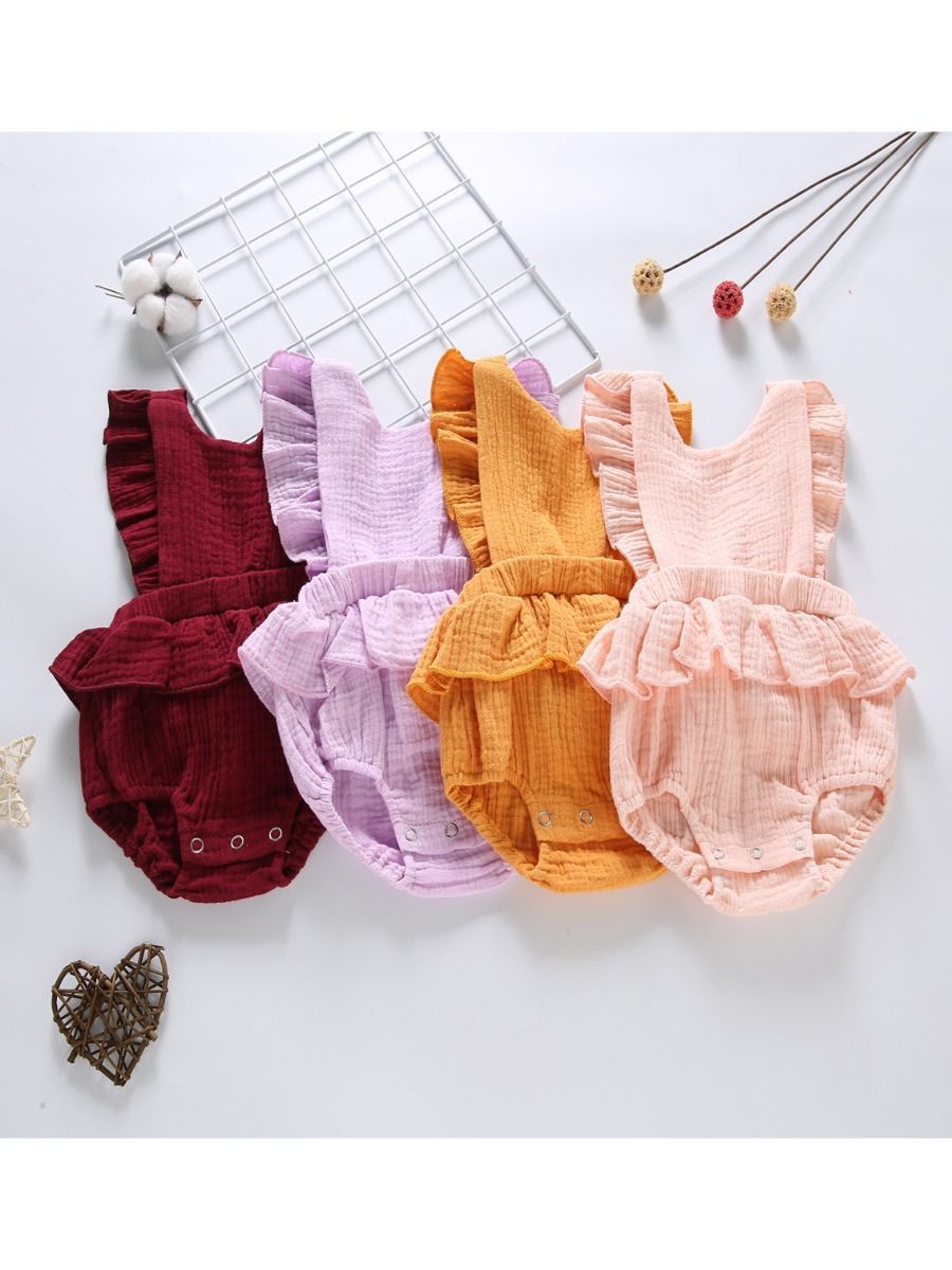 Crinkle Gauze Backless Ruffle Solid Color Bodysuit - dianjiang-