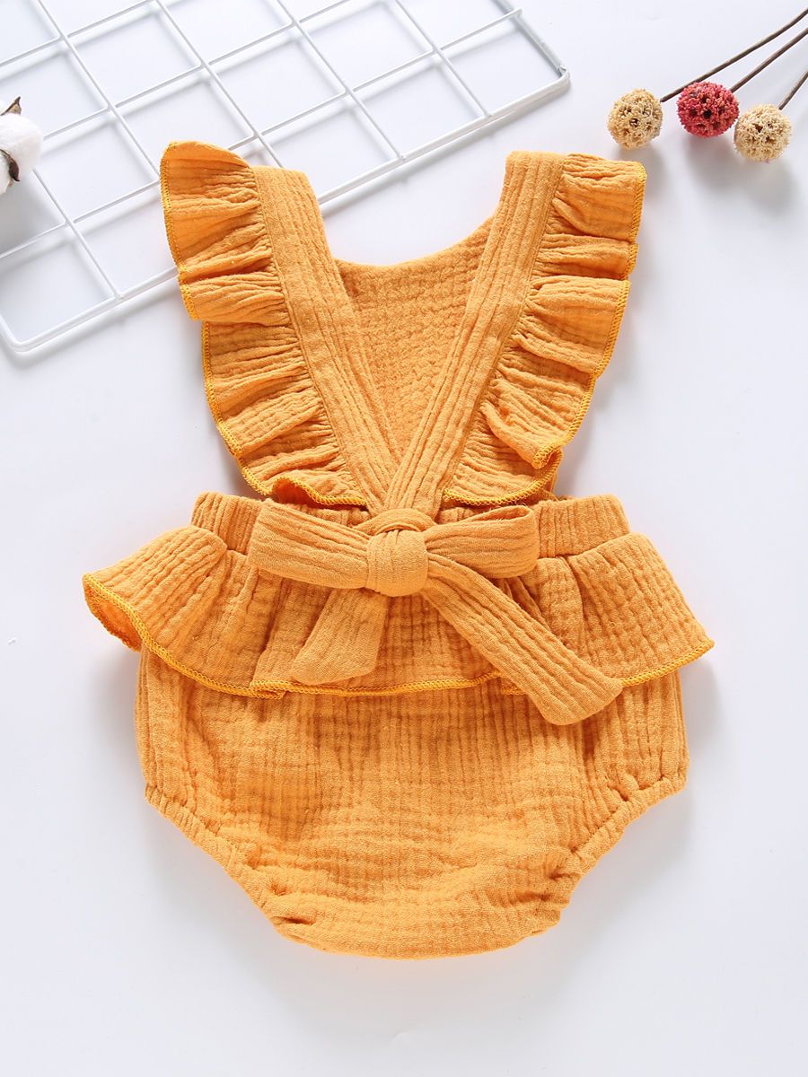 Crinkle Gauze Backless Ruffle Solid Color Bodysuit - dianjiang-