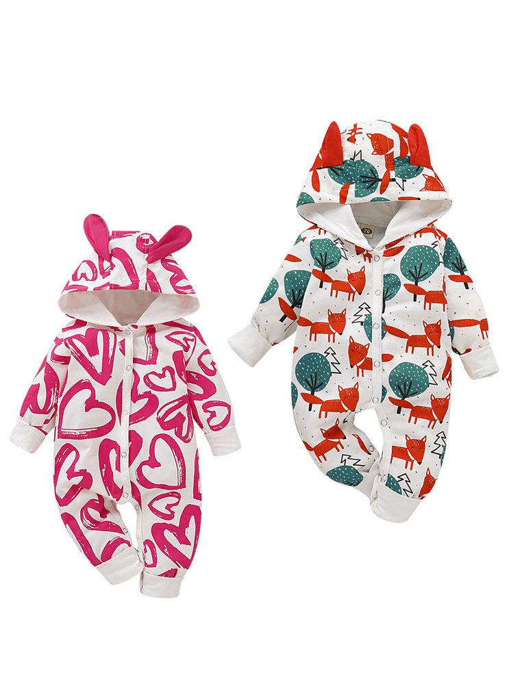 Cute Baby Fox & Tree/Heart Cartoon Hooded With Ears Autumn Jumpsuit One Piece Bodysuit - dianjiang-