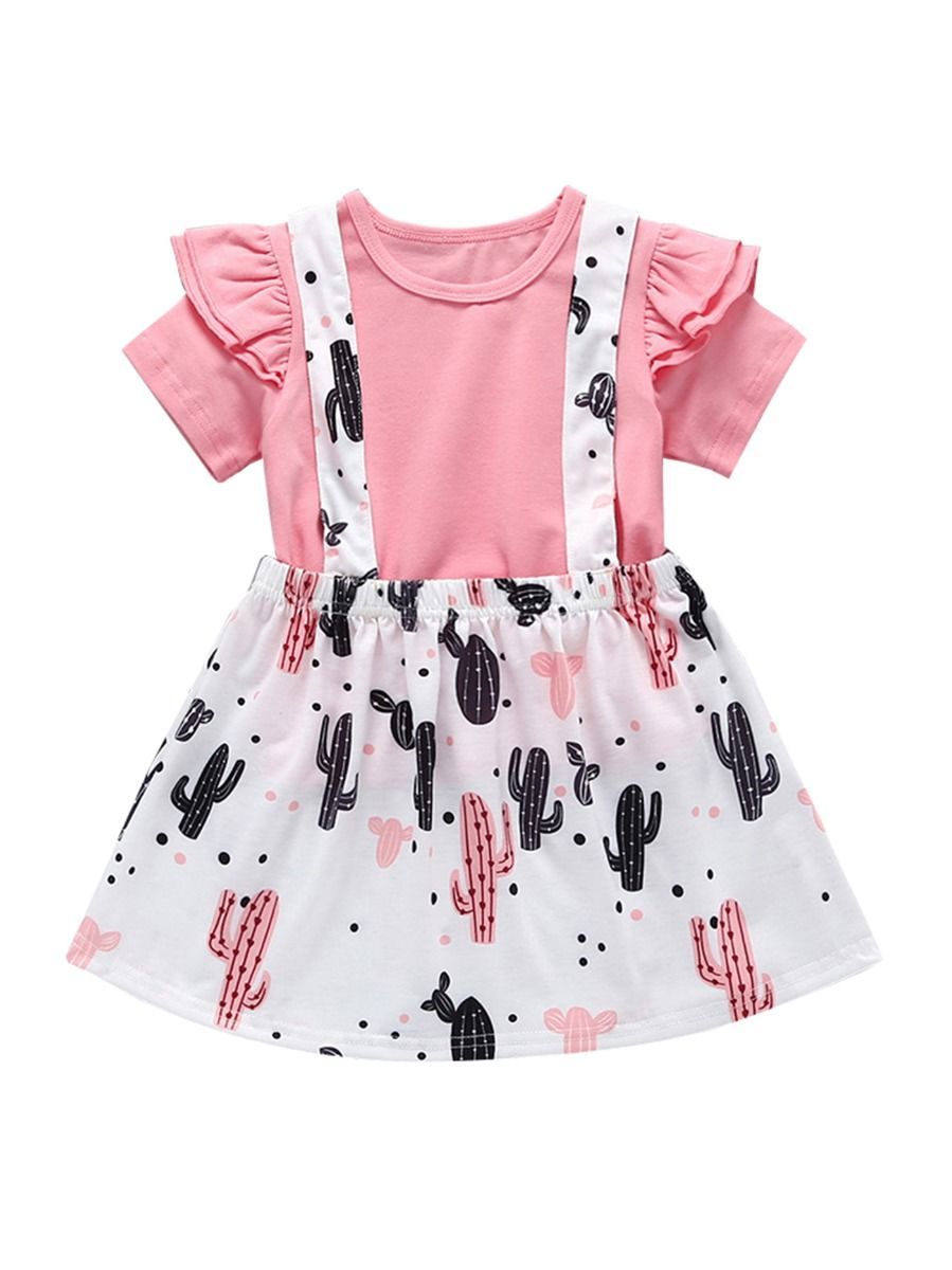 Cute Baby Girl 2-Piece Outfit Pink T-shirt Matching Cactus Jumper Skirt - dianjiang-