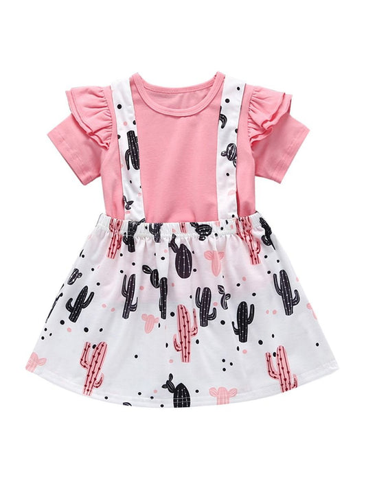 Cute Baby Girl 2-Piece Outfit Pink T-shirt Matching Cactus Jumper Skirt - dianjiang-