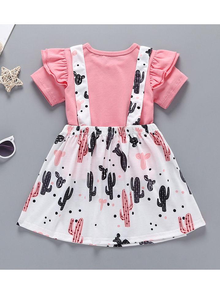 Cute Baby Girl 2-Piece Outfit Pink T-shirt Matching Cactus Jumper Skirt - dianjiang-
