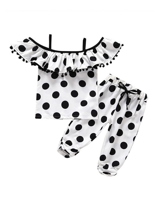 Cute Baby Little Girl 2-Piece Outfit Polka Dots Pattern Off Shoulder Top Matching Trousers - dianjiang-