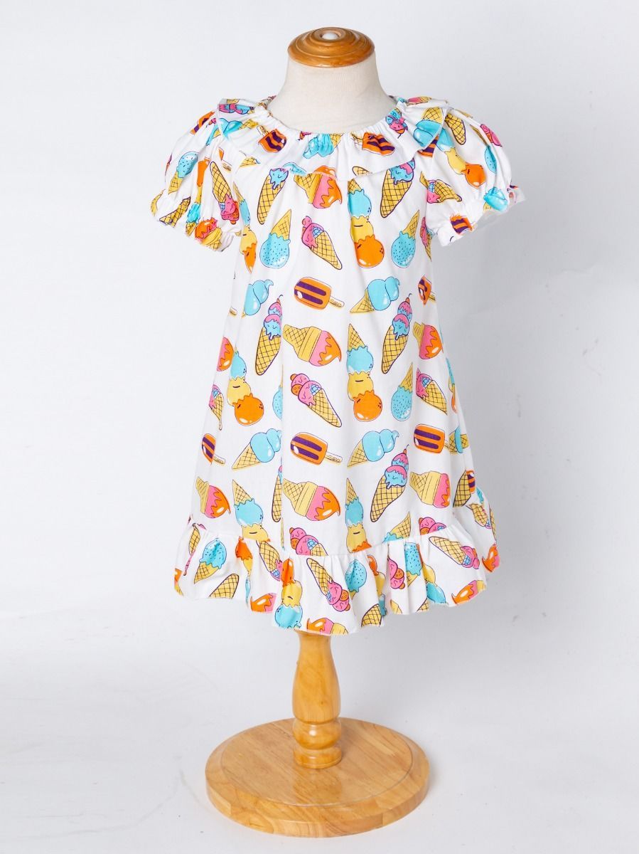Cute Baby Little Girl Clothes Ice-cream Print Ruffle Dress with Headband - dianjiang-