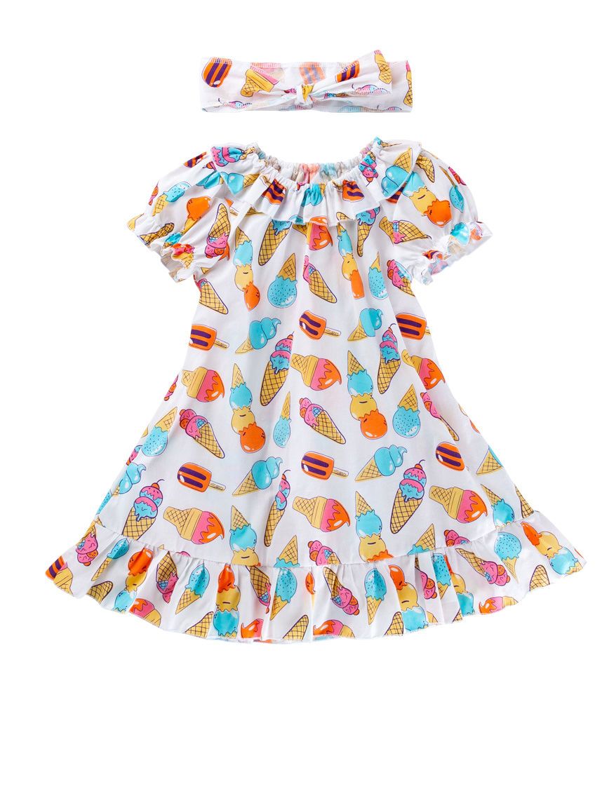 Cute Baby Little Girl Clothes Ice-cream Print Ruffle Dress with Headband - dianjiang-