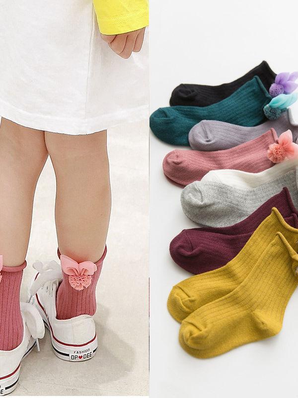 4 Pair/Pack Cute Baby Toddler Girl Solid Color Flower Trim Socks - dianjiang-