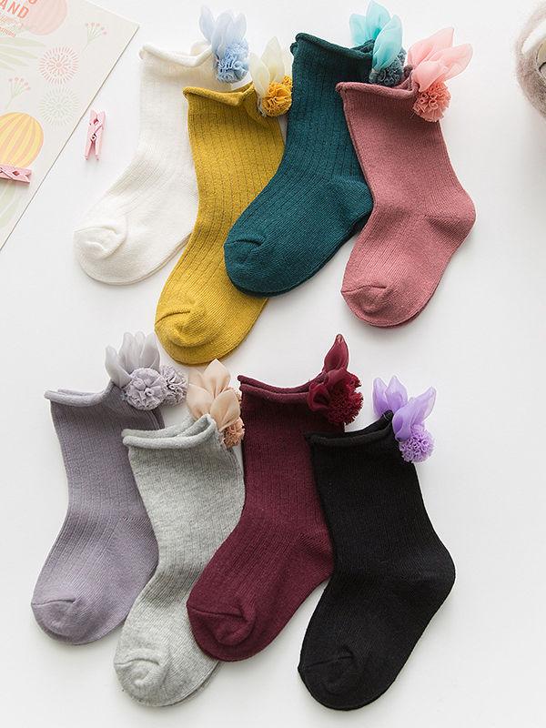 4 Pair/Pack Cute Baby Toddler Girl Solid Color Flower Trim Socks - dianjiang-