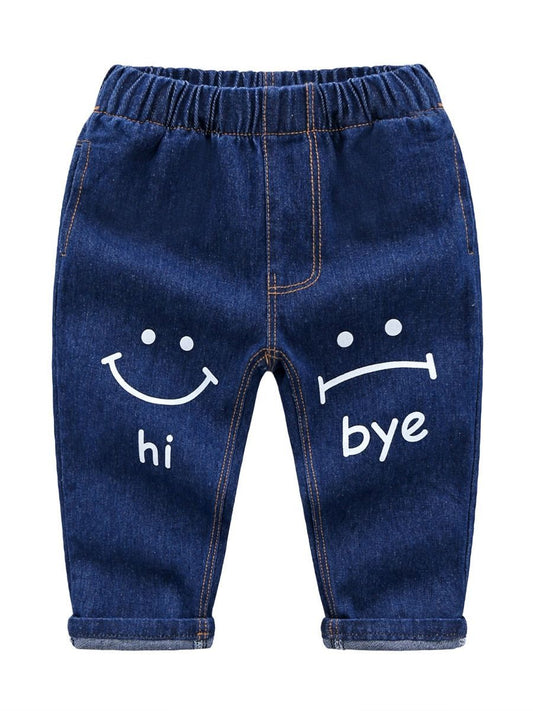 Cute Baby Toddler Girl Smile Face Letters Printed Blue Jeans - dianjiang-