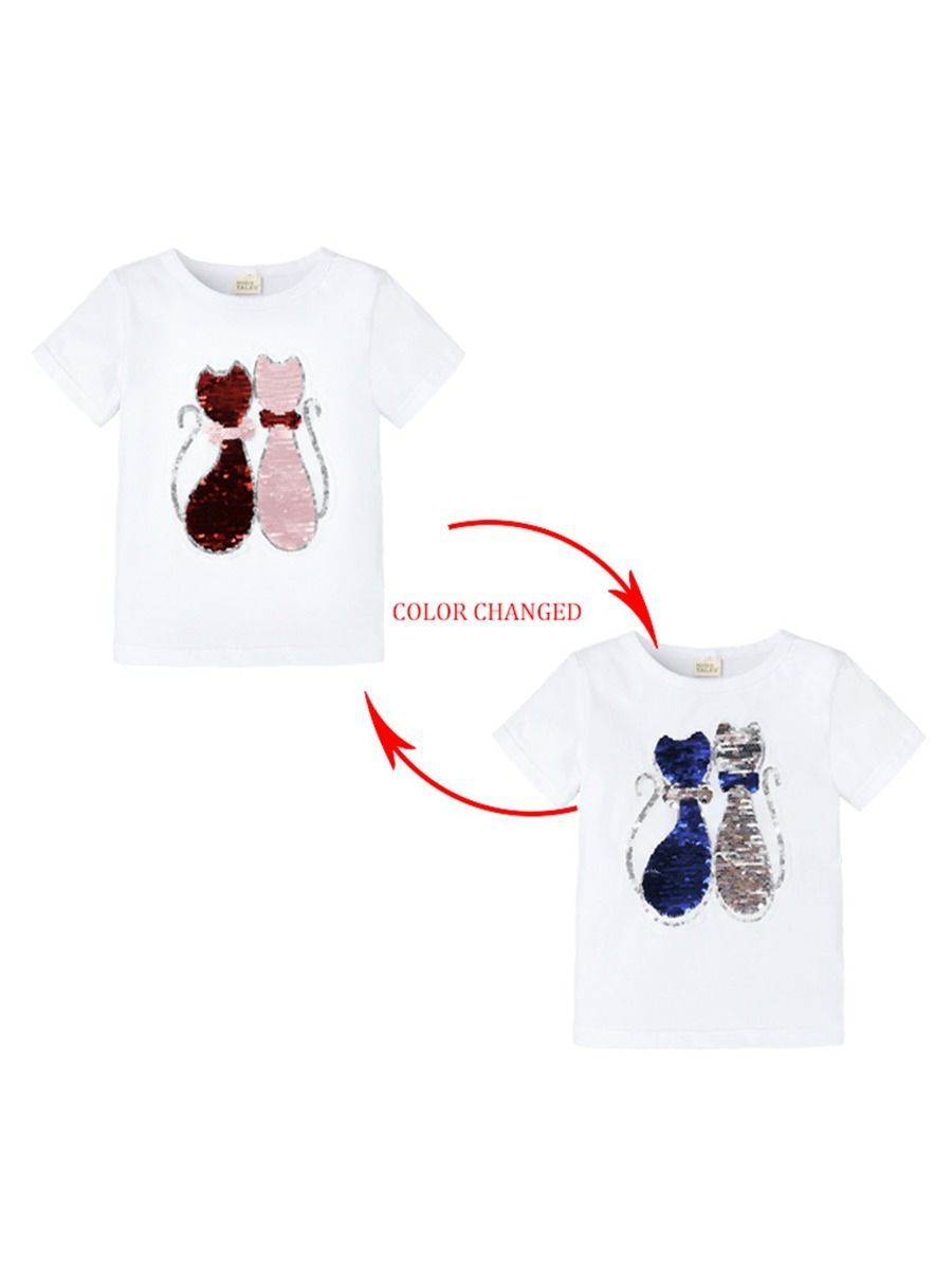 Toddler Little Girl Cute Cat Pattern Sequins T-shirt - dianjiang-