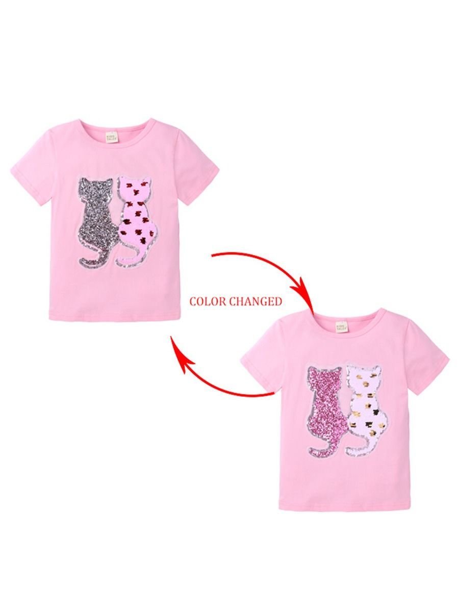 Toddler Little Girl Cute Cat Pattern Sequins T-shirt - dianjiang-