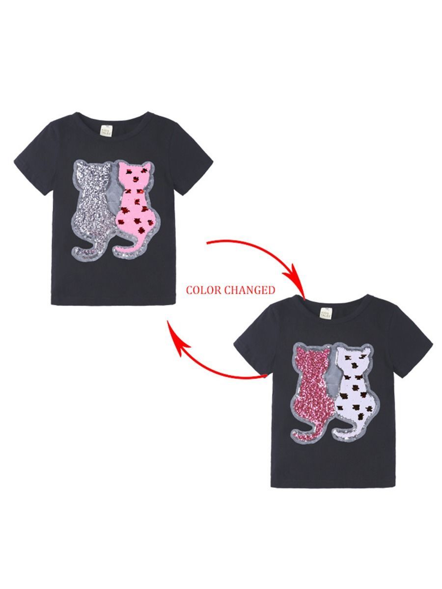 Toddler Little Girl Cute Cat Pattern Sequins T-shirt - dianjiang-
