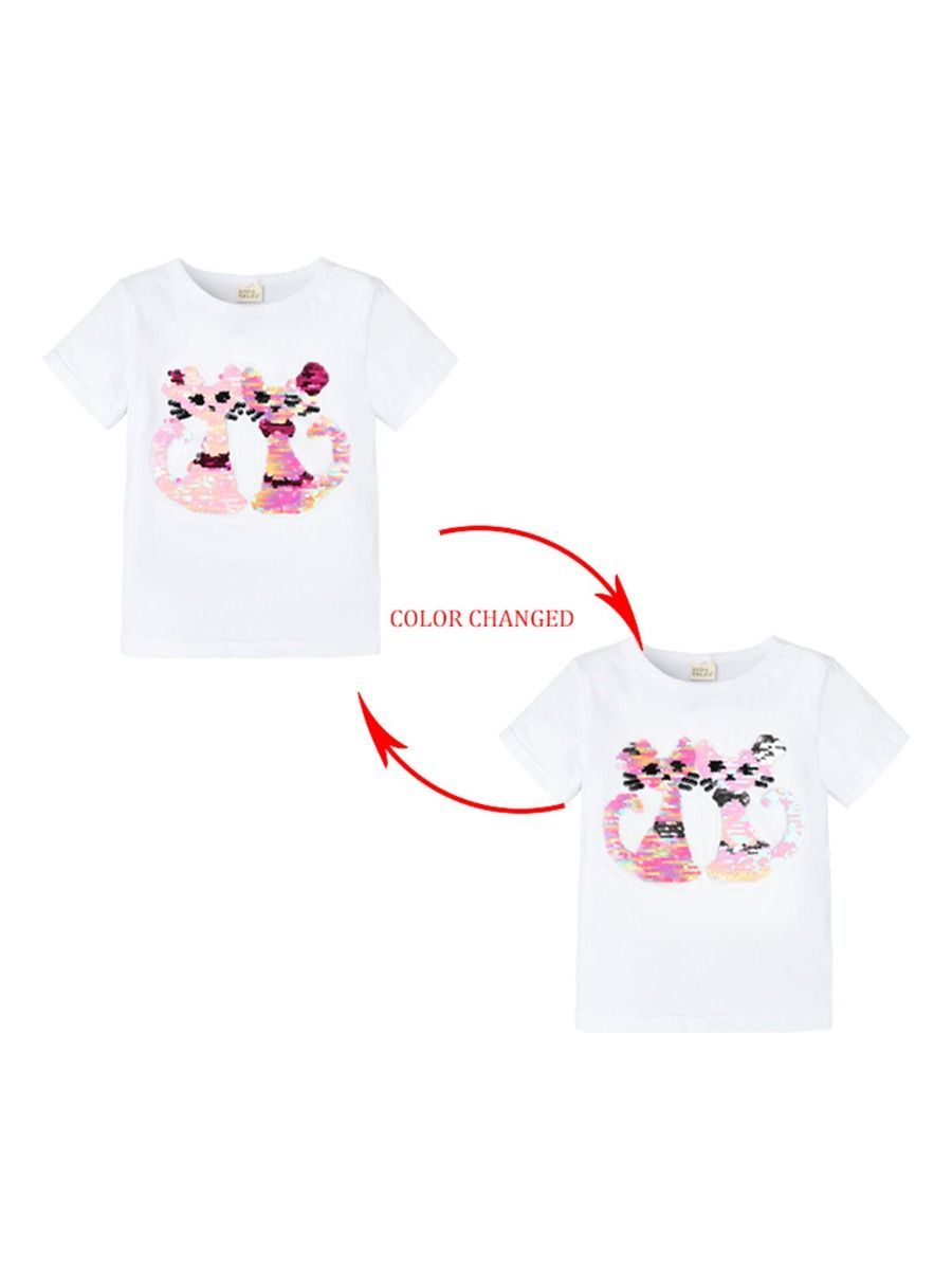 Toddler Little Girl Cute Cat Pattern Sequins T-shirt - dianjiang-
