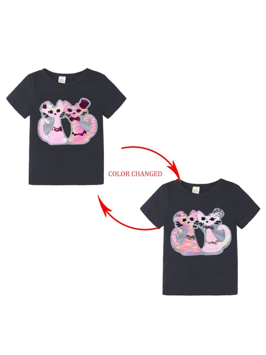 Toddler Little Girl Cute Cat Pattern Sequins T-shirt - dianjiang-