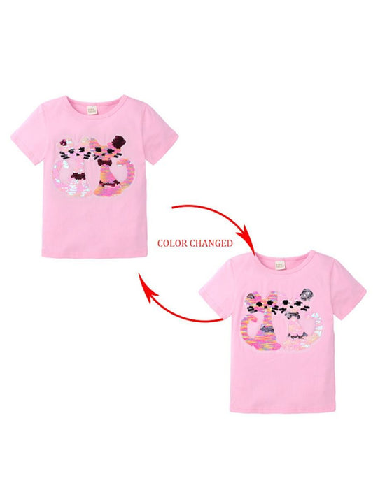 Toddler Little Girl Cute Cat Pattern Sequins T-shirt - dianjiang-
