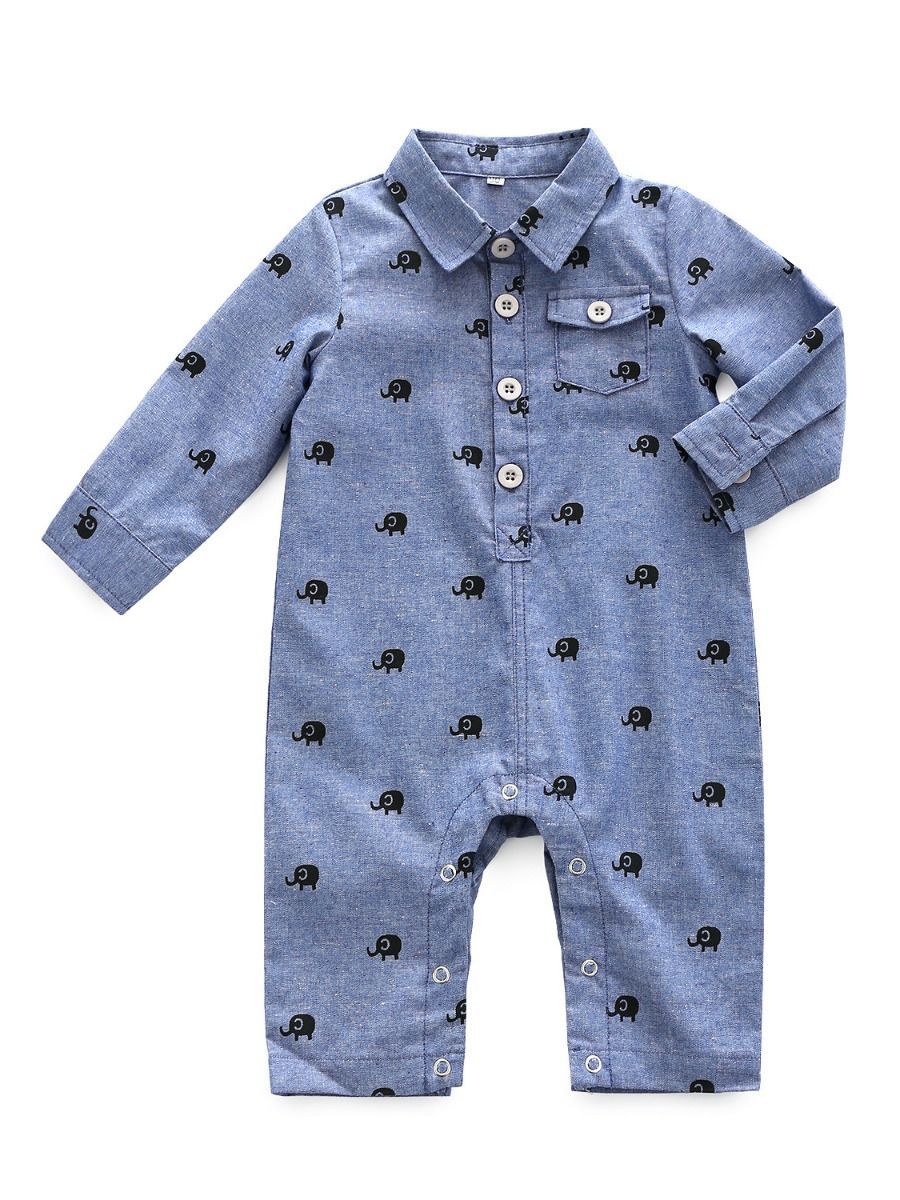 Cute Elephant Printed Buttoned Long Sleeves Infant Boys Coverall - dianjiang-