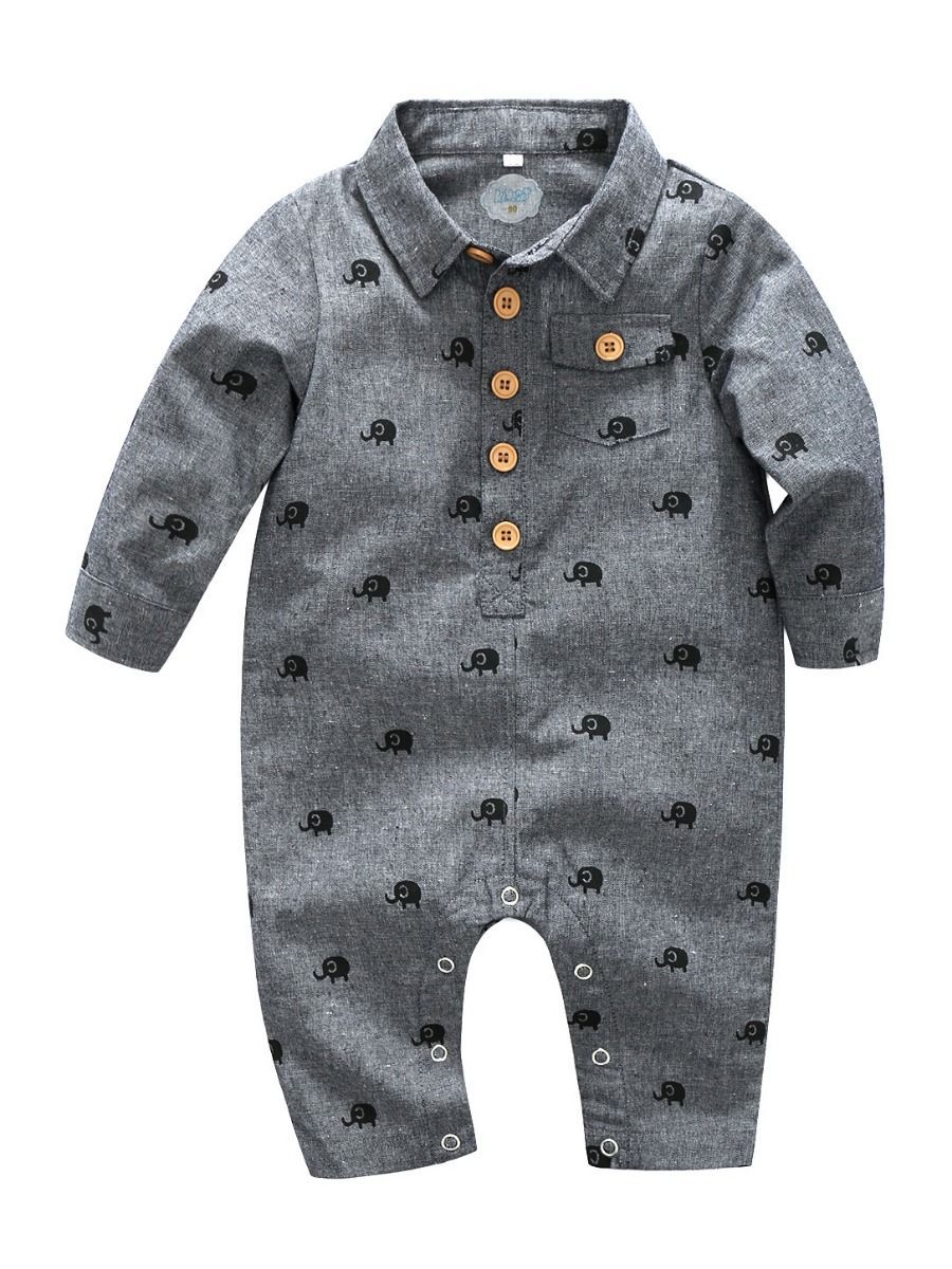 Cute Elephant Printed Buttoned Long Sleeves Infant Boys Coverall - dianjiang-