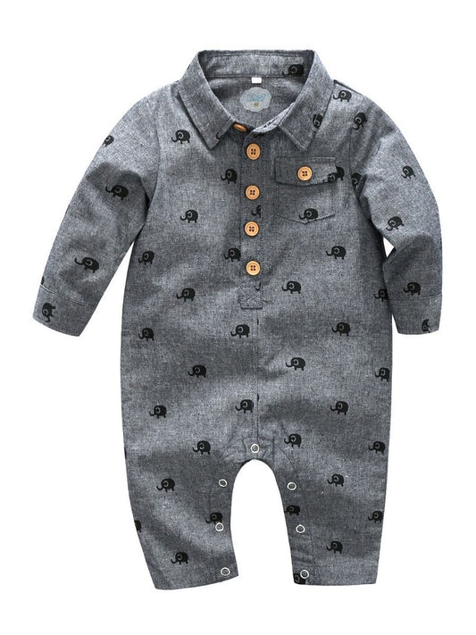 Cute Elephant Printed Buttoned Long Sleeves Infant Boys Coverall - dianjiang-