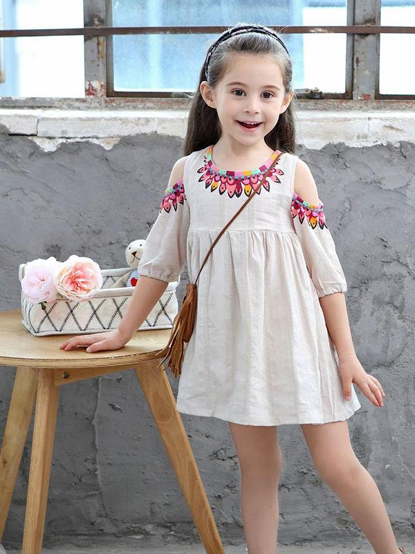 Cute Jacquard Pleated Toddlers Girls Off-shoulder Dress - dianjiang-