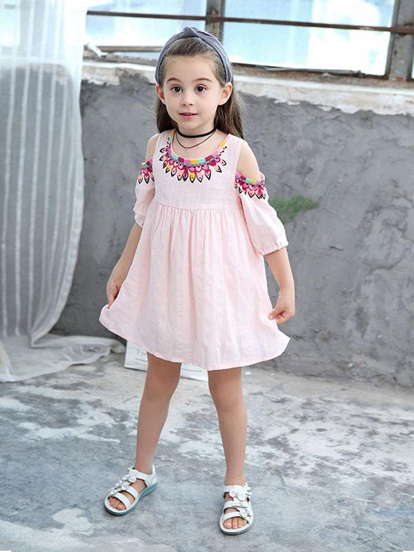 Cute Jacquard Pleated Toddlers Girls Off-shoulder Dress - dianjiang-