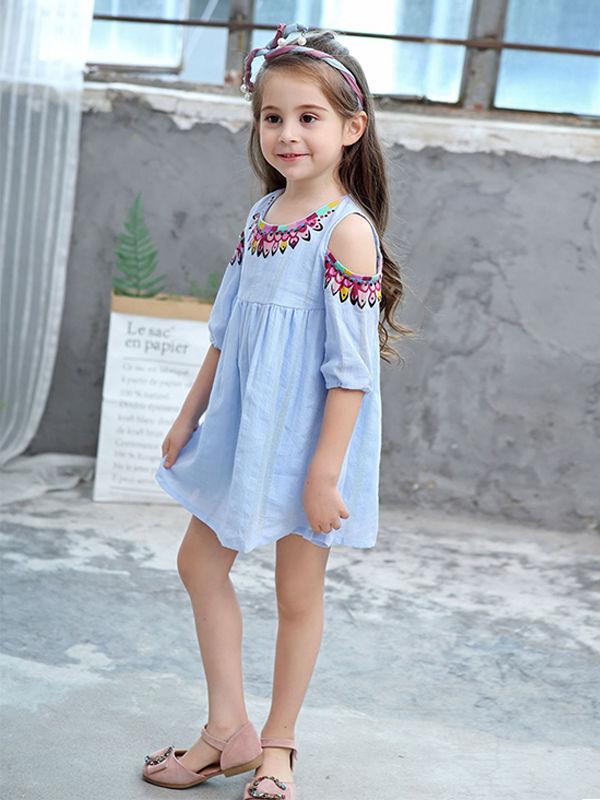 Cute Jacquard Pleated Toddlers Girls Off-shoulder Dress - dianjiang-