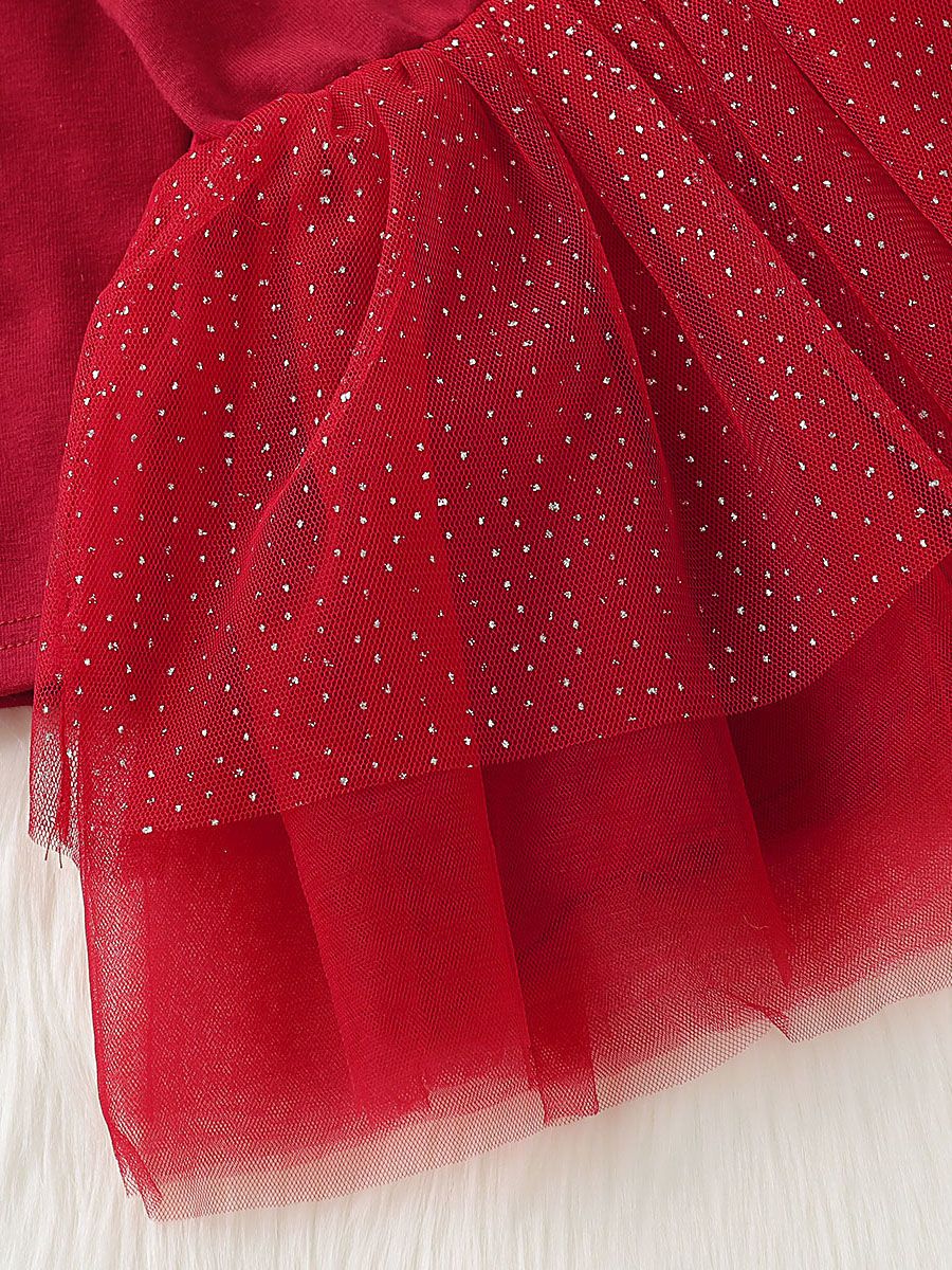 Cute Reindeer Tulle Double Layer Patchwork Christmas Red Dress - dianjiang-
