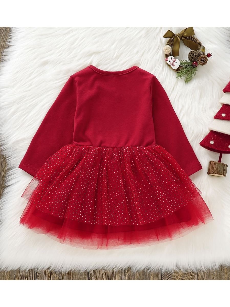 Cute Reindeer Tulle Double Layer Patchwork Christmas Red Dress - dianjiang-