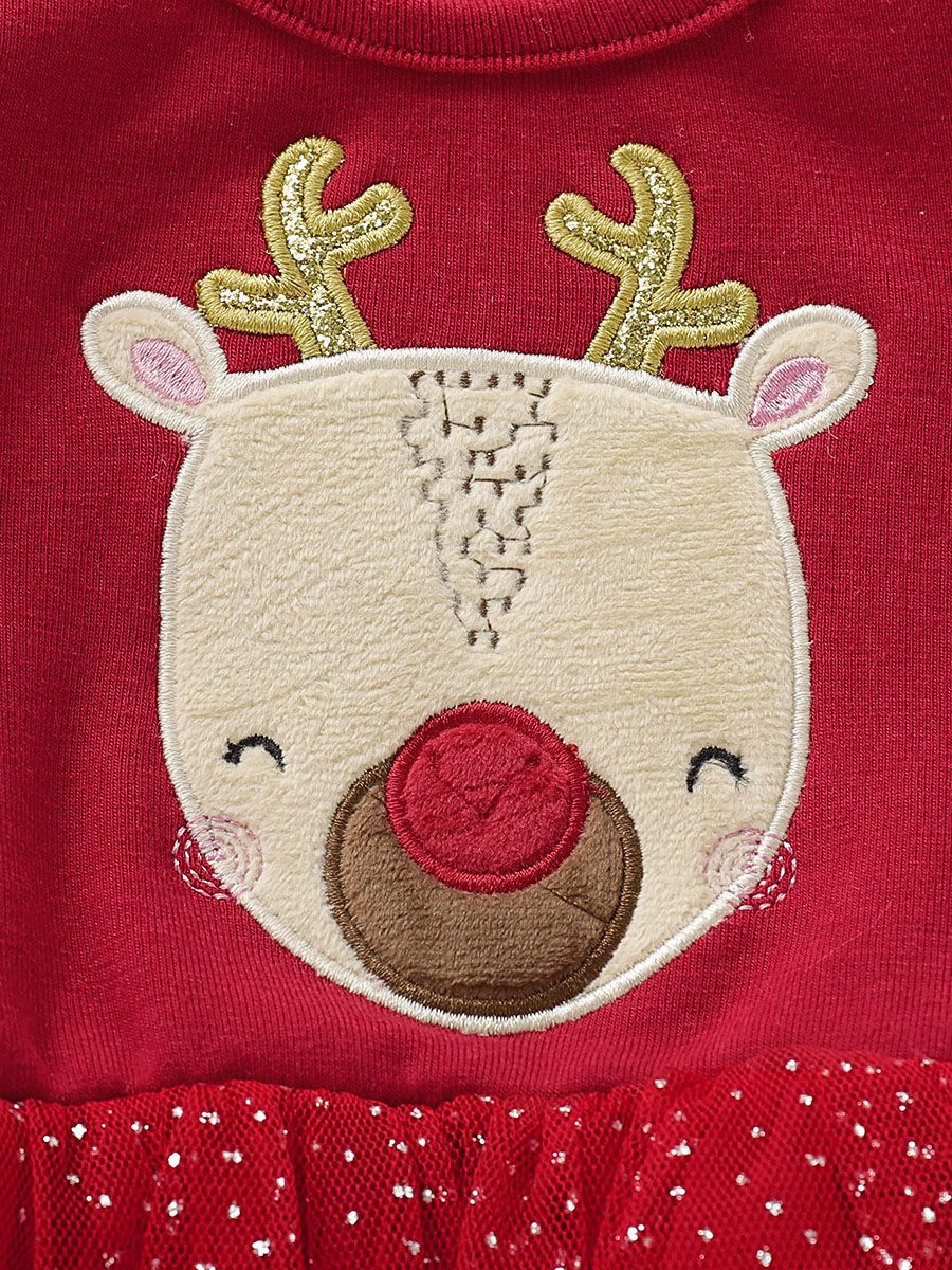 Cute Reindeer Tulle Double Layer Patchwork Christmas Red Dress - dianjiang-