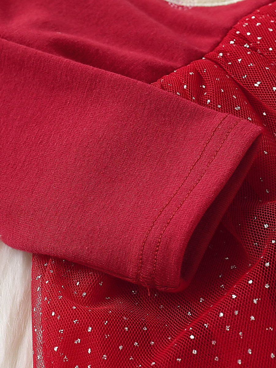 Cute Reindeer Tulle Double Layer Patchwork Christmas Red Dress - dianjiang-