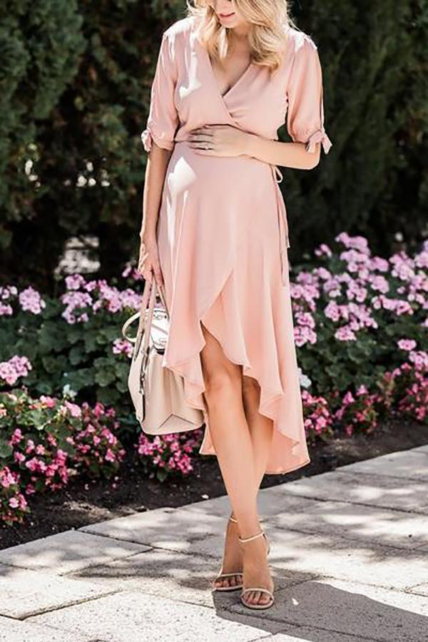 Maternity Chiffon V-Neck Short-Sleeved Tie Maxi Dress - dianjiang-