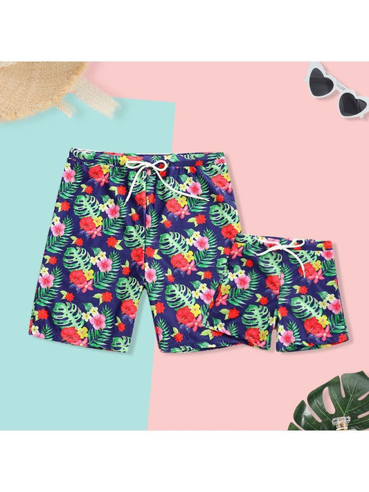 Daddy and Son Flower Leaf Print Swimming Trunks Family Matching - dianjiang-