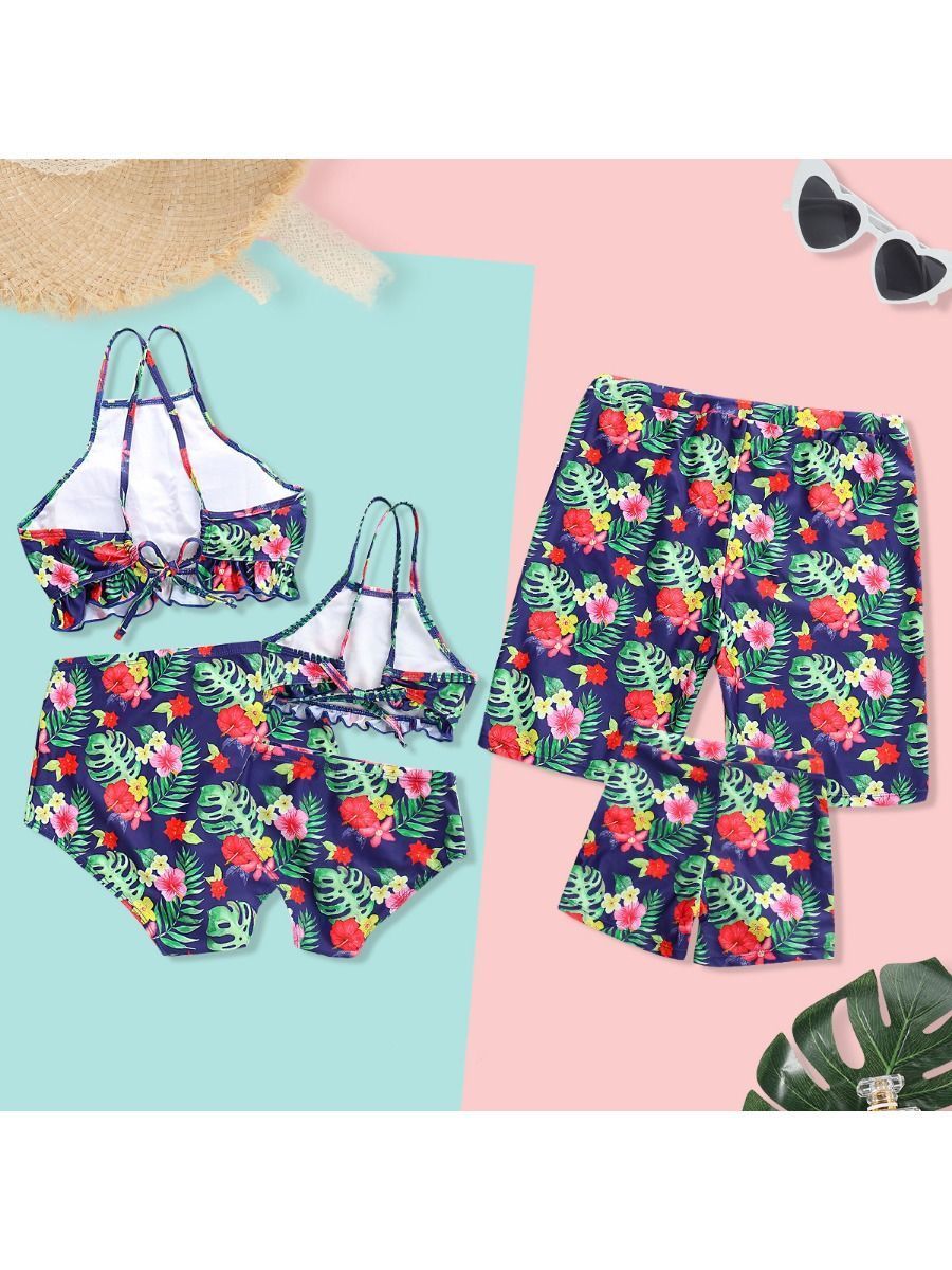 Daddy and Son Flower Leaf Print Swimming Trunks Family Matching - dianjiang-