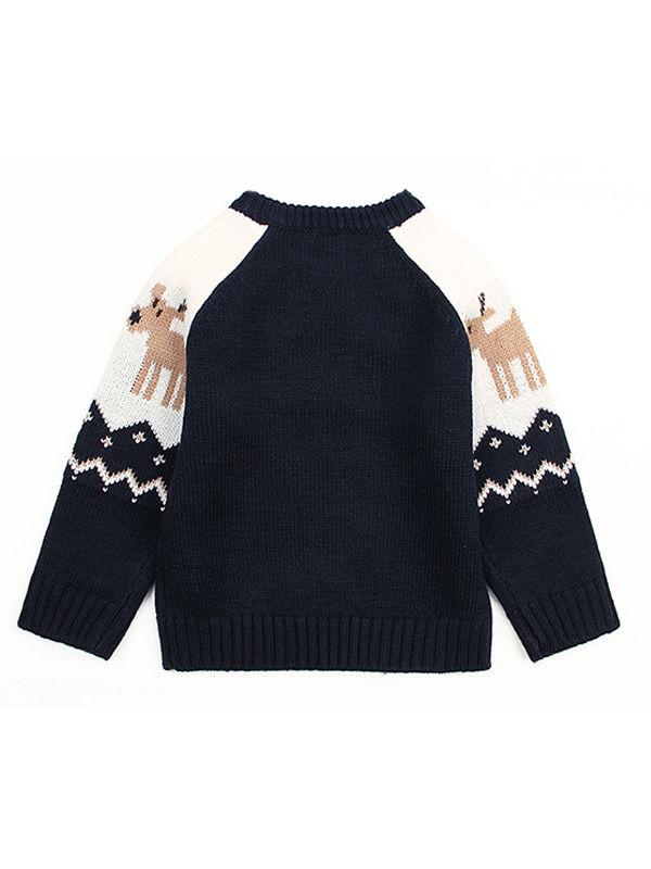 Deer Print Splicing Knitwear Acrylic Round Collar Baby Sweater - dianjiang-