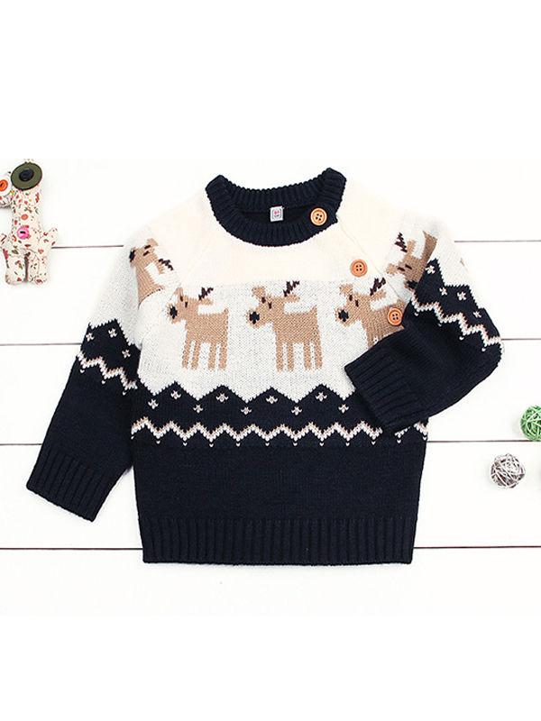 Deer Print Splicing Knitwear Acrylic Round Collar Baby Sweater - dianjiang-