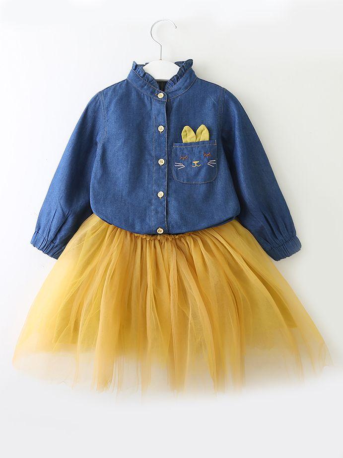 Toddler Big Girl Denim Tulle Patchwork Casual Dress Spring - dianjiang-