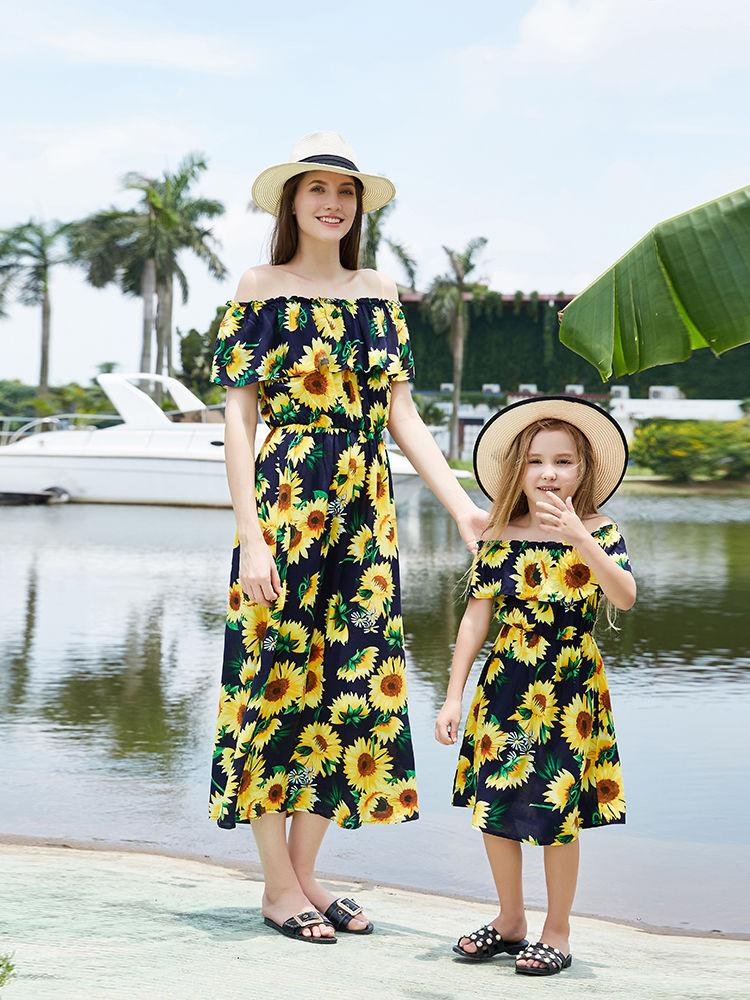 Mommy And Me Family Fitted Style Summer Sunflower Off Shoulder Dress - dianjiang-