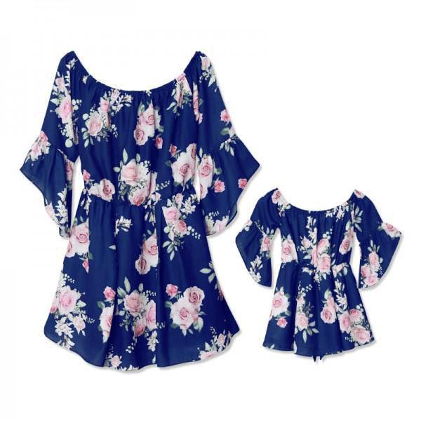 Mommy and Me Family Fitted Flower Overall Print Off Shoulder Dress - dianjiang-