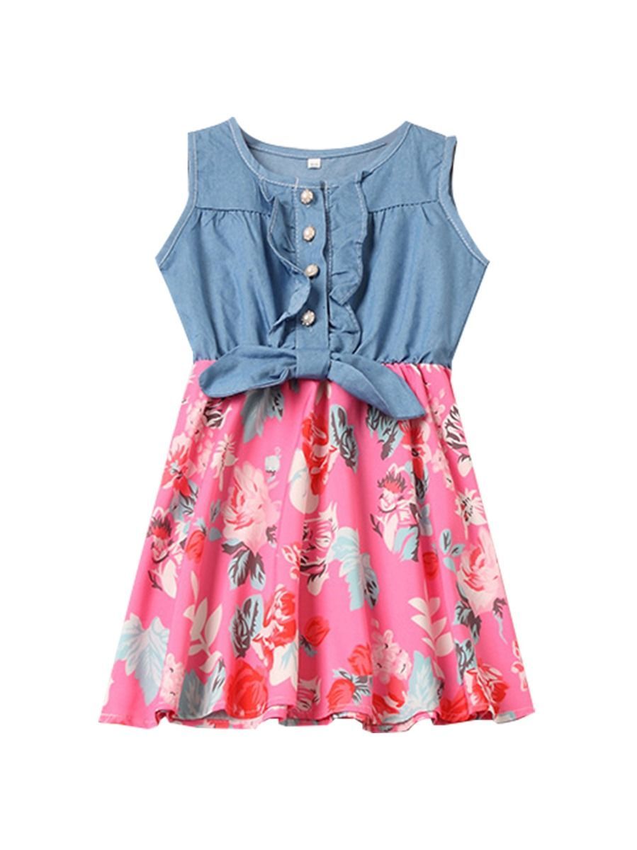 Mom And Me Family Fitted  Flower Denim Patchwork Sleeveless Kids Dress - dianjiang-